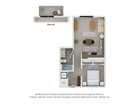 A floor plan of a small apartment with a living room, kitchen/dining area, and two bedrooms.